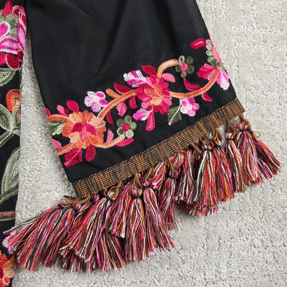 Hilary Radley For Katherine Barclay Black Floral Embroidered Tassel Blouse XL - Picture 3 of 10